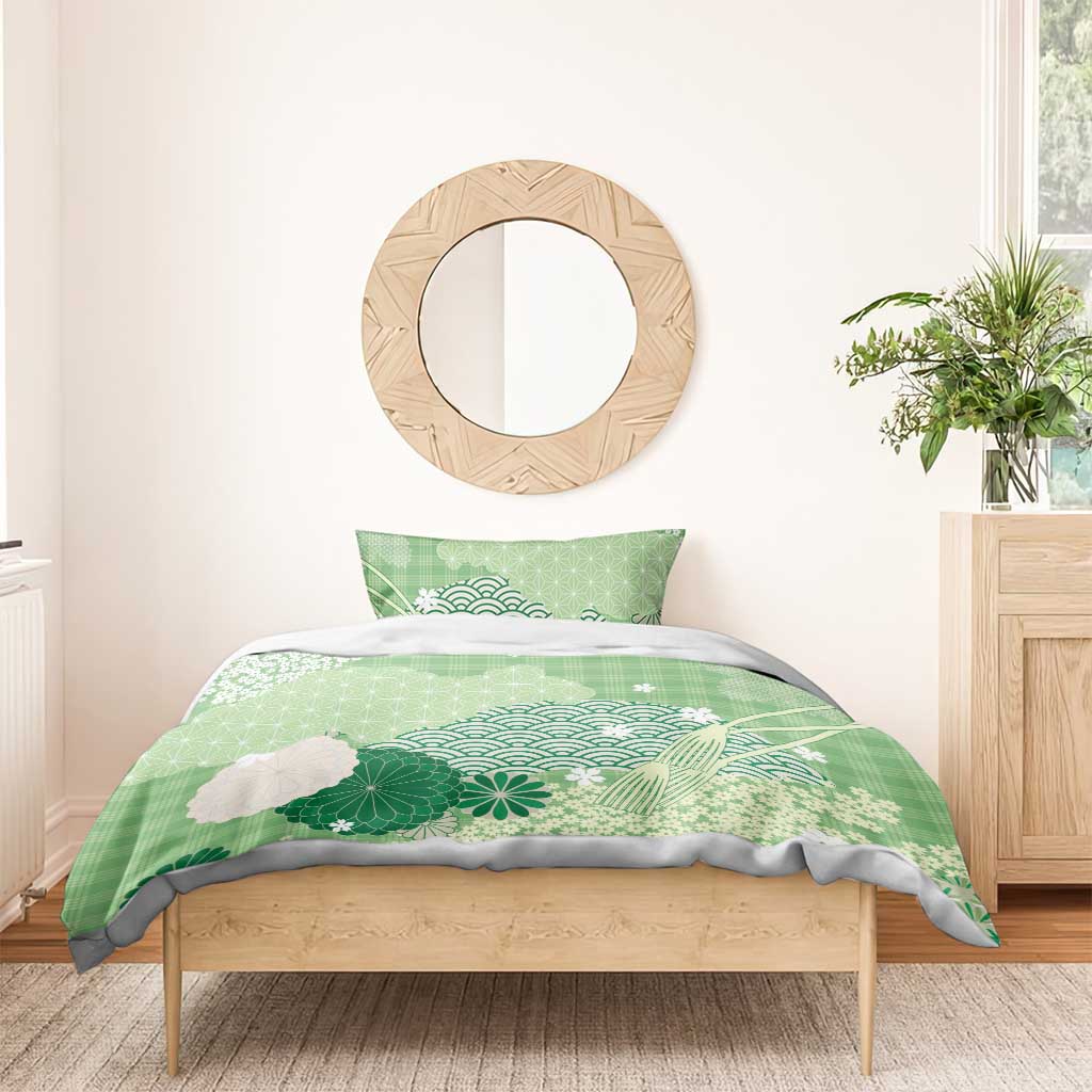 Green Palaka Japanese Patterns Bedding Set Asanoha Seigaiha Sakura Motif LT14 - Polynesian Pride