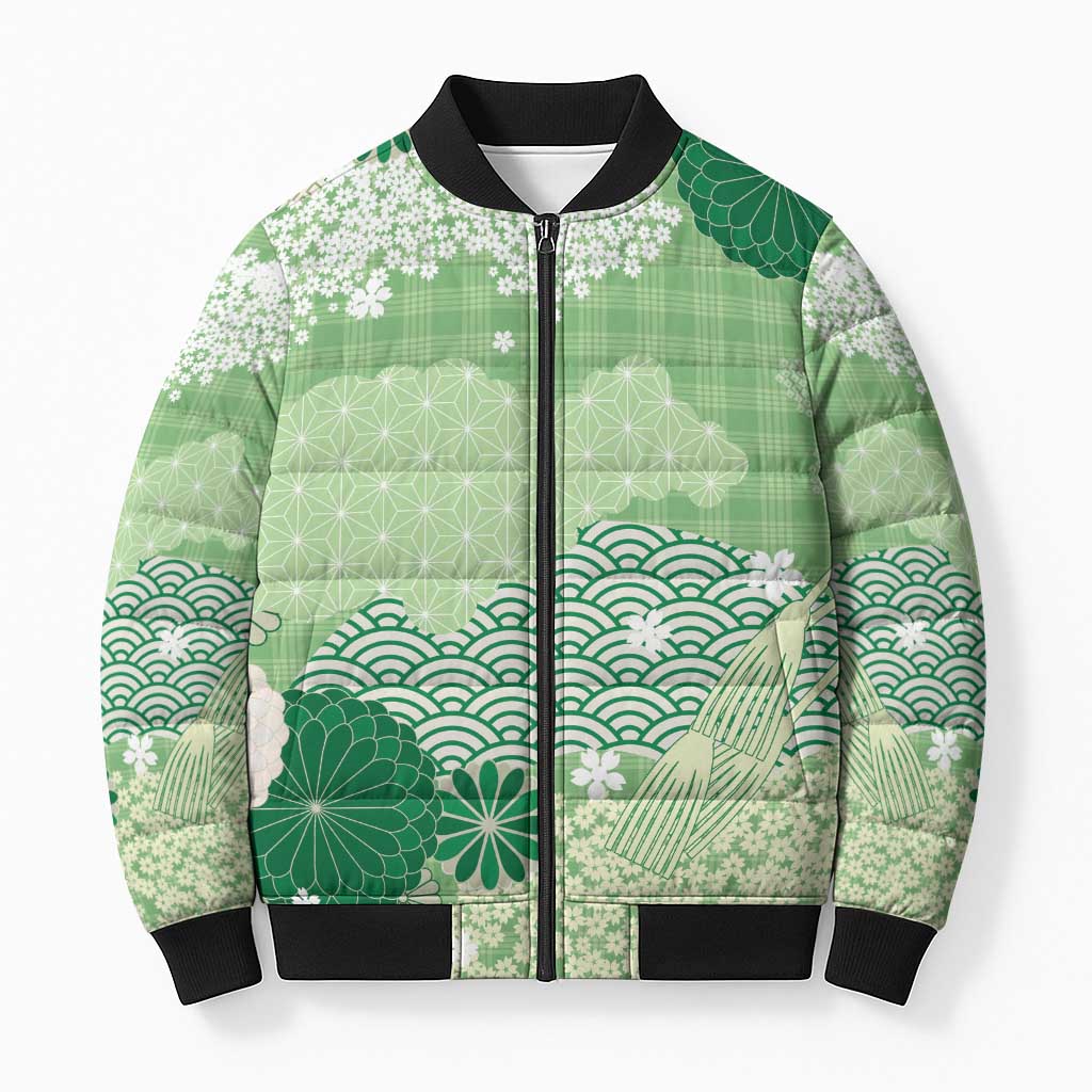 Green Palaka Japanese Patterns Bomber Puffer Jacket Asanoha Seigaiha Sakura Motif LT14 Unisex Green - Polynesian Pride