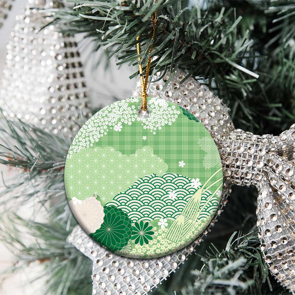 Green Palaka Japanese Patterns Ceramic Ornament Asanoha Seigaiha Sakura Motif - Polynesian Pride