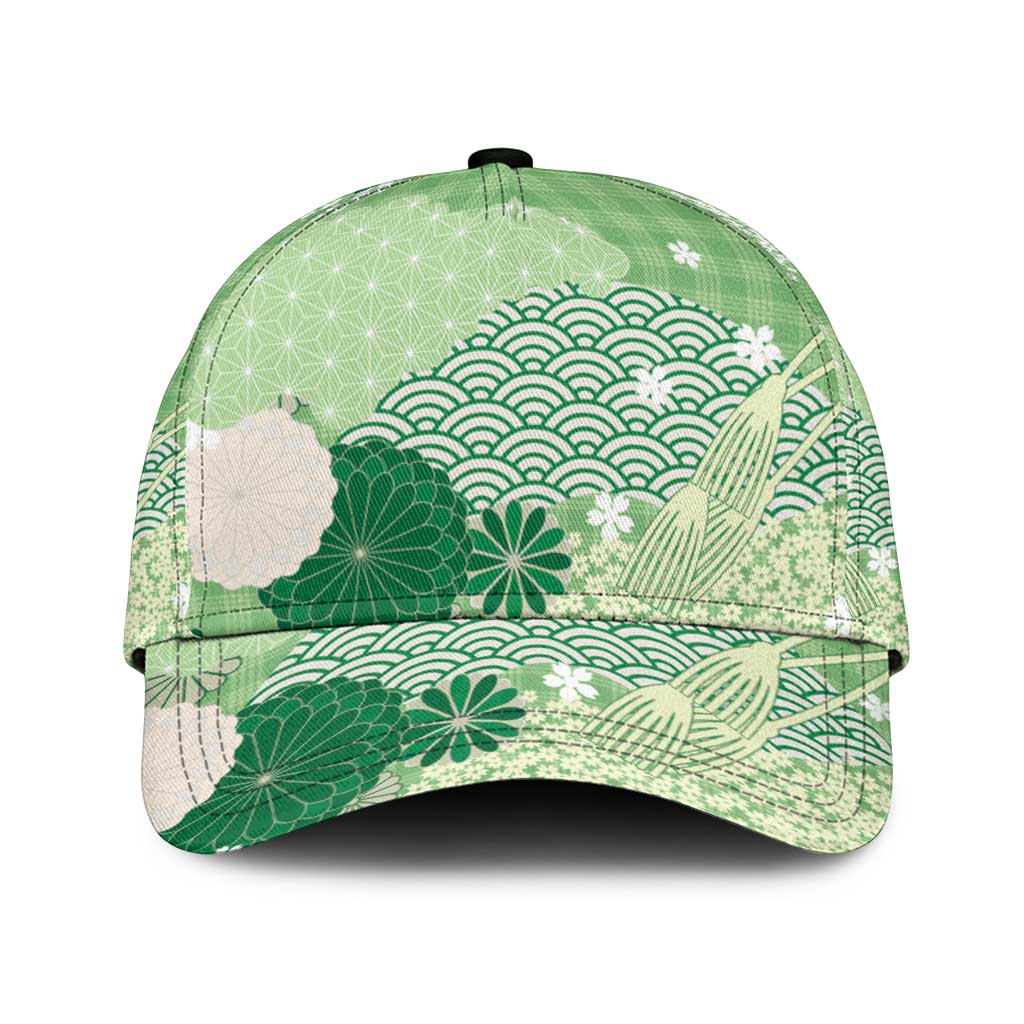 Green Japanese Traditional Motifs Classic Cap Palaka With Asanoha Seigaiha Sakura - Polynesian Pride