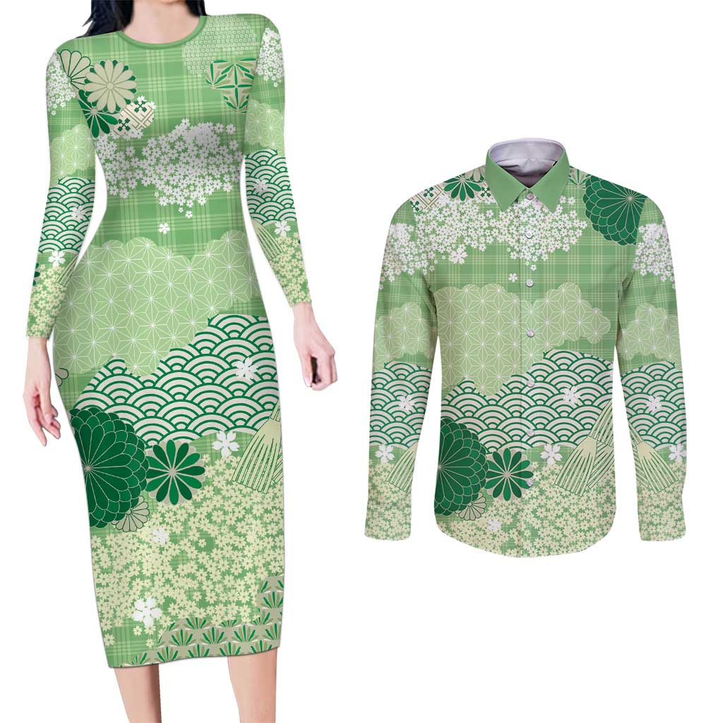 Green Palaka Japanese Patterns Couples Matching Long Sleeve Bodycon Dress and Long Sleeve Button Shirt Asanoha Seigaiha Sakura Motif LT14 Green - Polynesian Pride