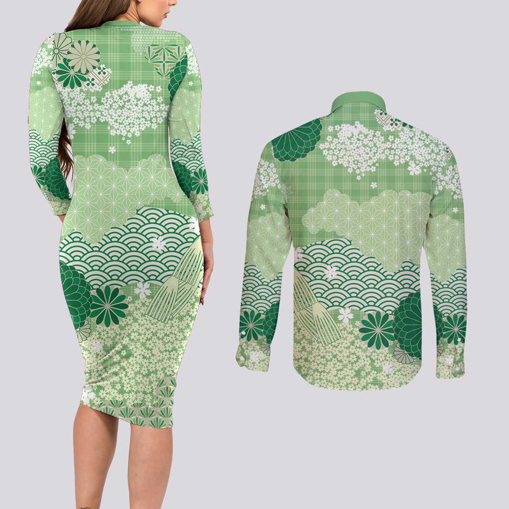 Green Palaka Japanese Patterns Couples Matching Long Sleeve Bodycon Dress and Long Sleeve Button Shirt Asanoha Seigaiha Sakura Motif LT14 - Polynesian Pride