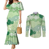 Green Palaka Japanese Patterns Couples Matching Mermaid Dress and Long Sleeve Button Shirt Asanoha Seigaiha Sakura Motif LT14 Green - Polynesian Pride