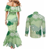Green Palaka Japanese Patterns Couples Matching Mermaid Dress and Long Sleeve Button Shirt Asanoha Seigaiha Sakura Motif LT14 - Polynesian Pride