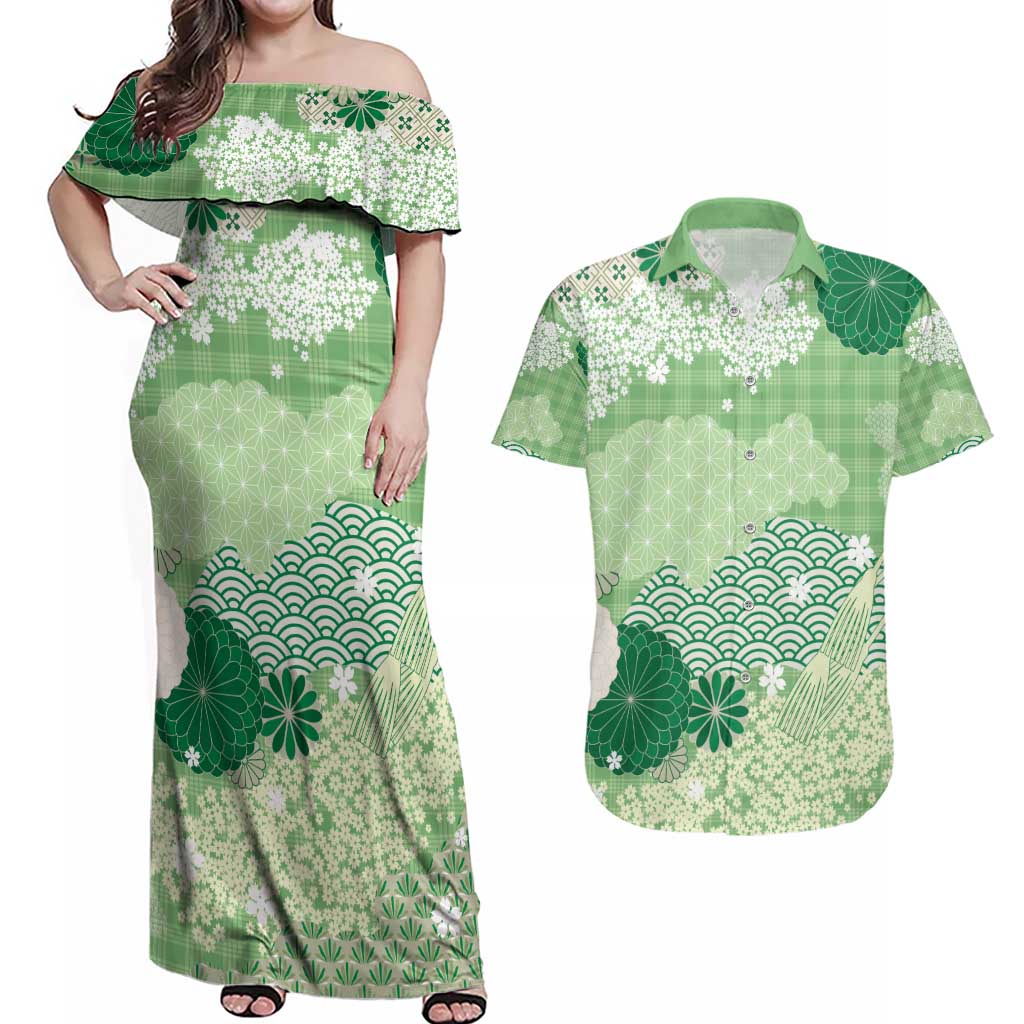 Green Palaka Japanese Patterns Couples Matching Off Shoulder Maxi Dress and Hawaiian Shirt Asanoha Seigaiha Sakura Motif LT14 Green - Polynesian Pride