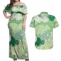 Green Palaka Japanese Patterns Couples Matching Off Shoulder Maxi Dress and Hawaiian Shirt Asanoha Seigaiha Sakura Motif LT14 Green - Polynesian Pride