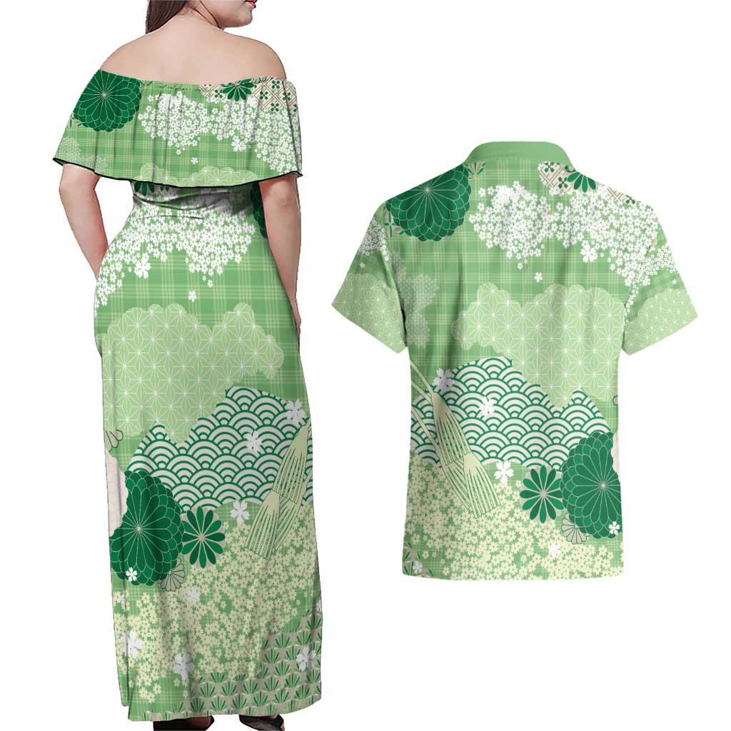 Green Palaka Japanese Patterns Couples Matching Off Shoulder Maxi Dress and Hawaiian Shirt Asanoha Seigaiha Sakura Motif LT14 - Polynesian Pride