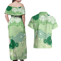 Green Palaka Japanese Patterns Couples Matching Off Shoulder Maxi Dress and Hawaiian Shirt Asanoha Seigaiha Sakura Motif LT14 - Polynesian Pride