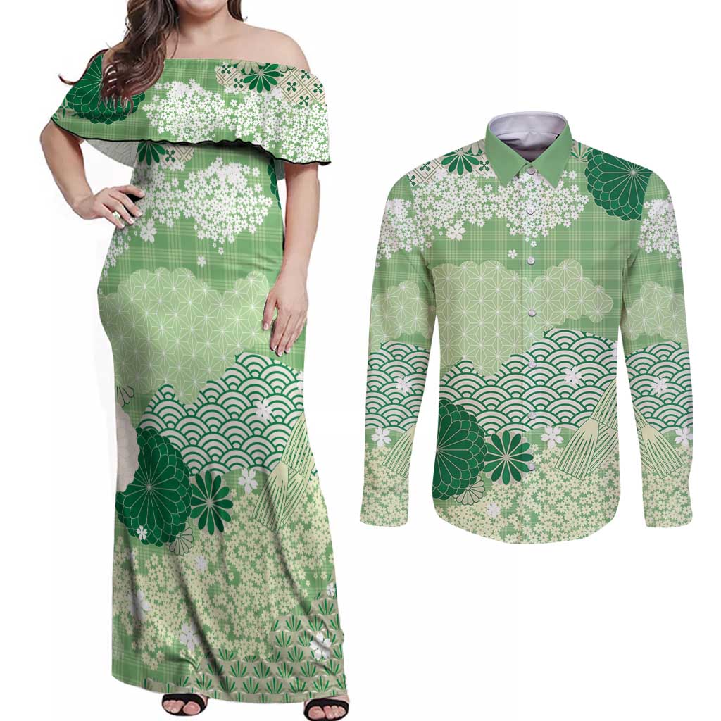 Green Palaka Japanese Patterns Couples Matching Off Shoulder Maxi Dress and Long Sleeve Button Shirt Asanoha Seigaiha Sakura Motif LT14 Green - Polynesian Pride