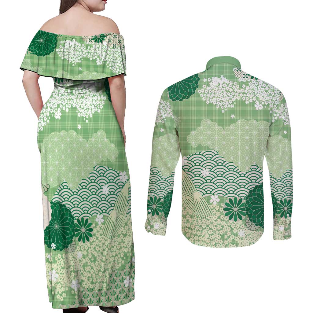 Green Palaka Japanese Patterns Couples Matching Off Shoulder Maxi Dress and Long Sleeve Button Shirt Asanoha Seigaiha Sakura Motif LT14 - Polynesian Pride