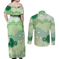 Green Palaka Japanese Patterns Couples Matching Off Shoulder Maxi Dress and Long Sleeve Button Shirt Asanoha Seigaiha Sakura Motif LT14 - Polynesian Pride