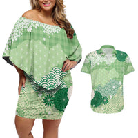 Green Palaka Japanese Patterns Couples Matching Off Shoulder Short Dress and Hawaiian Shirt Asanoha Seigaiha Sakura Motif LT14 Green - Polynesian Pride