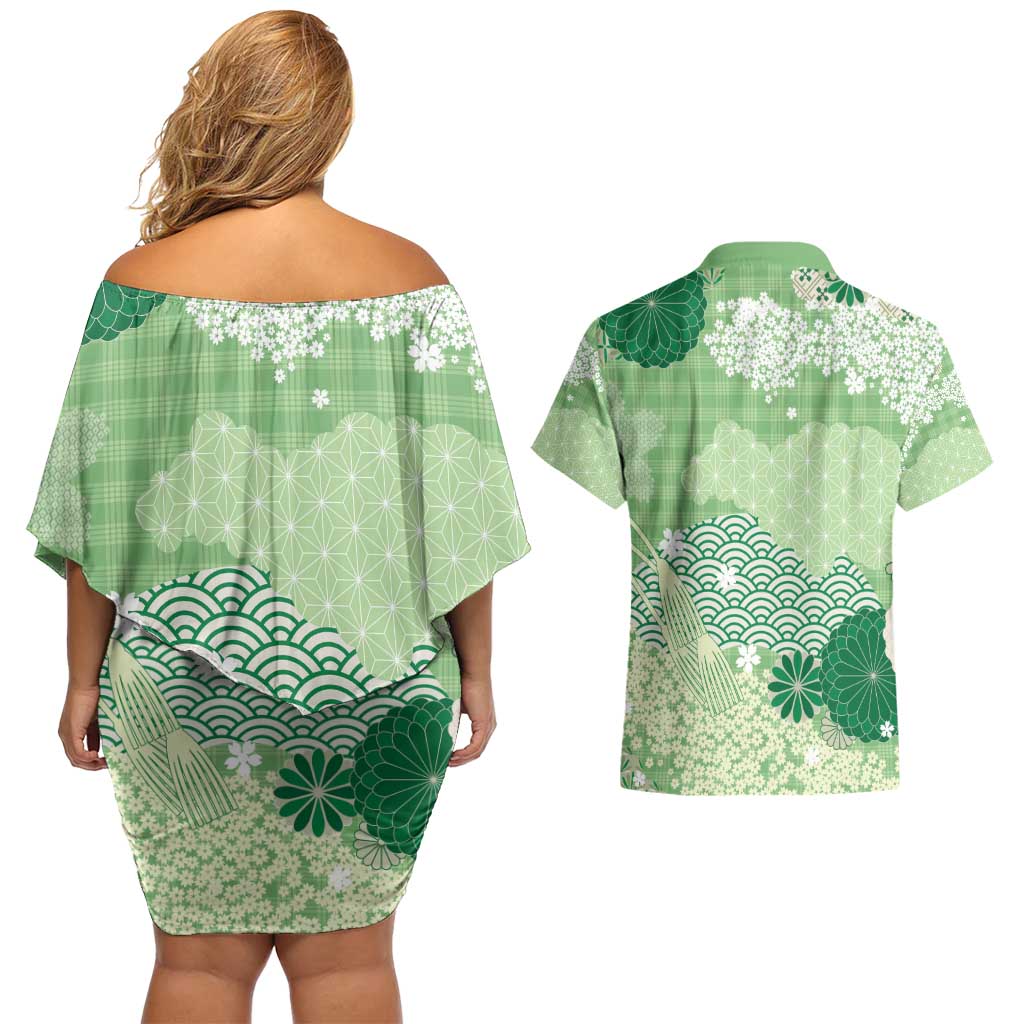 Green Palaka Japanese Patterns Couples Matching Off Shoulder Short Dress and Hawaiian Shirt Asanoha Seigaiha Sakura Motif LT14 - Polynesian Pride