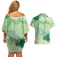 Green Palaka Japanese Patterns Couples Matching Off Shoulder Short Dress and Hawaiian Shirt Asanoha Seigaiha Sakura Motif LT14 - Polynesian Pride