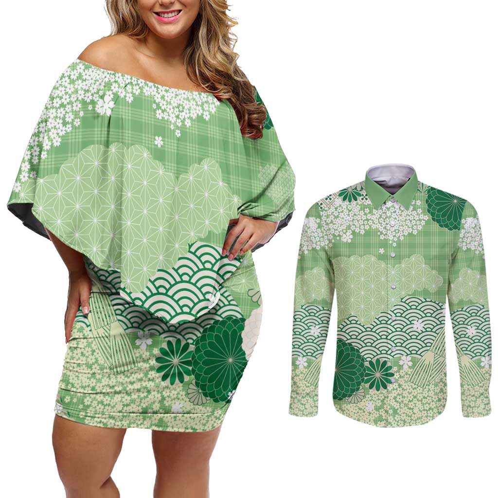Green Palaka Japanese Patterns Couples Matching Off Shoulder Short Dress and Long Sleeve Button Shirt Asanoha Seigaiha Sakura Motif LT14 Green - Polynesian Pride