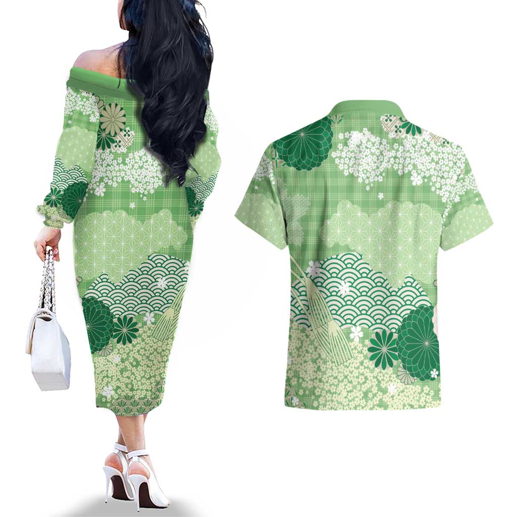 Green Palaka Japanese Patterns Couples Matching Off The Shoulder Long Sleeve Dress and Hawaiian Shirt Asanoha Seigaiha Sakura Motif LT14 - Polynesian Pride