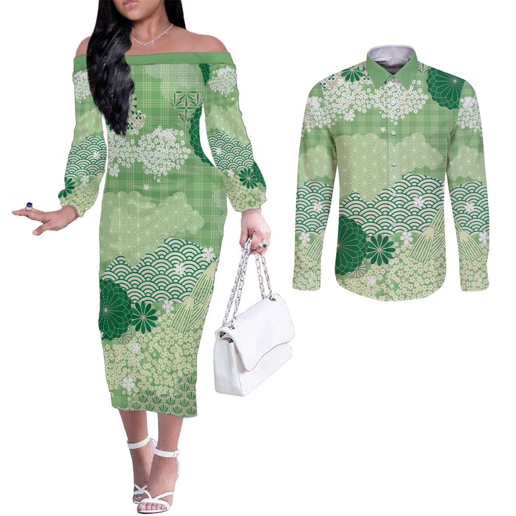 Green Palaka Japanese Patterns Couples Matching Off The Shoulder Long Sleeve Dress and Long Sleeve Button Shirt Asanoha Seigaiha Sakura Motif LT14 Green - Polynesian Pride