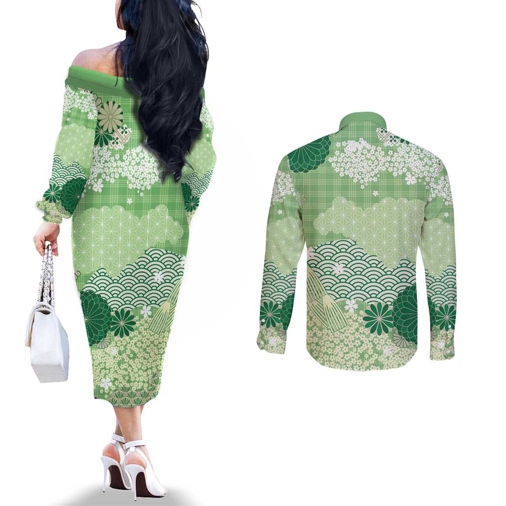 Green Palaka Japanese Patterns Couples Matching Off The Shoulder Long Sleeve Dress and Long Sleeve Button Shirt Asanoha Seigaiha Sakura Motif LT14 - Polynesian Pride