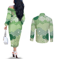 Green Palaka Japanese Patterns Couples Matching Off The Shoulder Long Sleeve Dress and Long Sleeve Button Shirt Asanoha Seigaiha Sakura Motif LT14 - Polynesian Pride