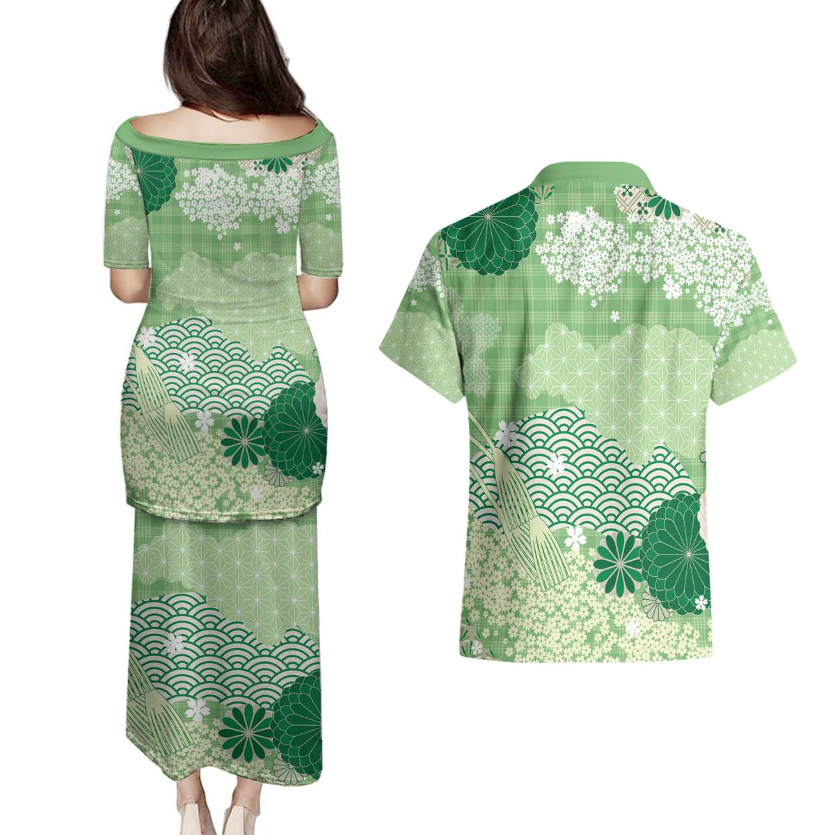 Green Palaka Japanese Patterns Couples Matching Puletasi and Hawaiian Shirt Asanoha Seigaiha Sakura Motif LT14 - Polynesian Pride