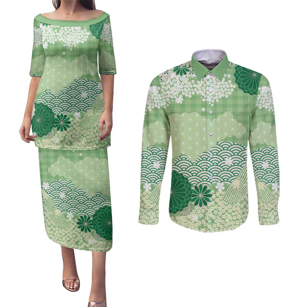 Green Palaka Japanese Patterns Couples Matching Puletasi and Long Sleeve Button Shirt Asanoha Seigaiha Sakura Motif LT14 Green - Polynesian Pride