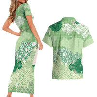Green Palaka Japanese Patterns Couples Matching Short Sleeve Bodycon Dress and Hawaiian Shirt Asanoha Seigaiha Sakura Motif LT14 - Polynesian Pride