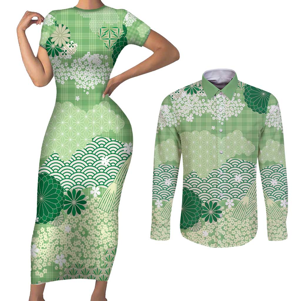 Green Palaka Japanese Patterns Couples Matching Short Sleeve Bodycon Dress and Long Sleeve Button Shirt Asanoha Seigaiha Sakura Motif LT14 Green - Polynesian Pride