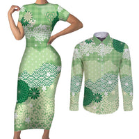 Green Palaka Japanese Patterns Couples Matching Short Sleeve Bodycon Dress and Long Sleeve Button Shirt Asanoha Seigaiha Sakura Motif LT14 Green - Polynesian Pride