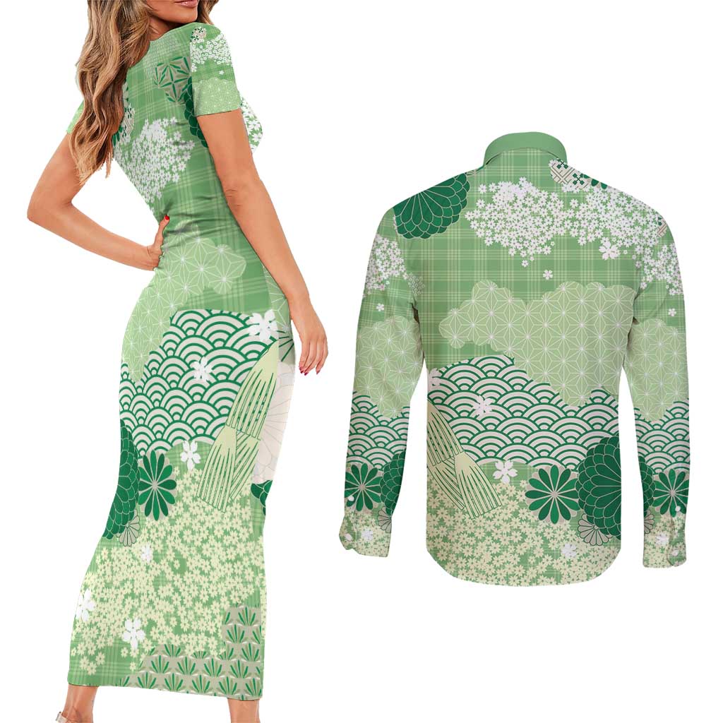 Green Palaka Japanese Patterns Couples Matching Short Sleeve Bodycon Dress and Long Sleeve Button Shirt Asanoha Seigaiha Sakura Motif LT14 - Polynesian Pride