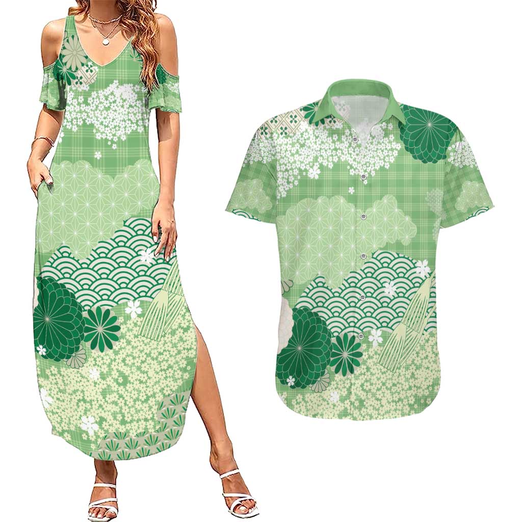 Green Palaka Japanese Patterns Couples Matching Summer Maxi Dress and Hawaiian Shirt Asanoha Seigaiha Sakura Motif LT14 Green - Polynesian Pride