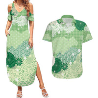 Green Palaka Japanese Patterns Couples Matching Summer Maxi Dress and Hawaiian Shirt Asanoha Seigaiha Sakura Motif LT14 Green - Polynesian Pride