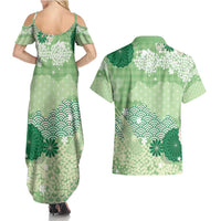Green Palaka Japanese Patterns Couples Matching Summer Maxi Dress and Hawaiian Shirt Asanoha Seigaiha Sakura Motif LT14 - Polynesian Pride