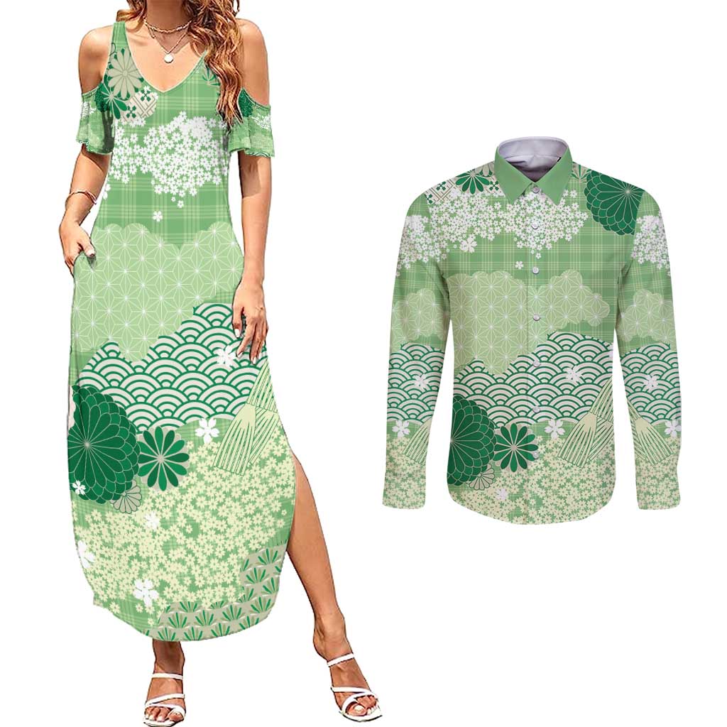Green Palaka Japanese Patterns Couples Matching Summer Maxi Dress and Long Sleeve Button Shirt Asanoha Seigaiha Sakura Motif LT14 Green - Polynesian Pride
