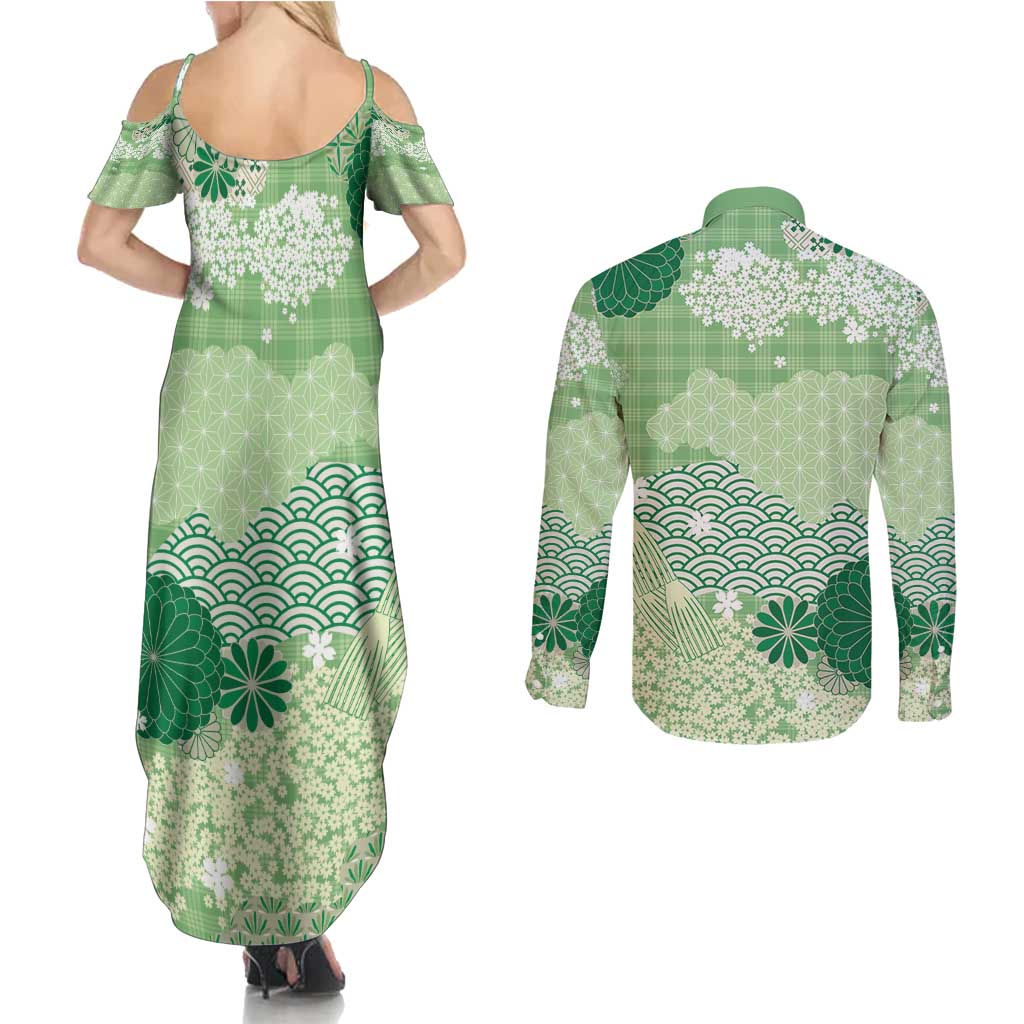 Green Palaka Japanese Patterns Couples Matching Summer Maxi Dress and Long Sleeve Button Shirt Asanoha Seigaiha Sakura Motif LT14 - Polynesian Pride