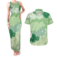 Green Palaka Japanese Patterns Couples Matching Tank Maxi Dress and Hawaiian Shirt Asanoha Seigaiha Sakura Motif LT14 Green - Polynesian Pride