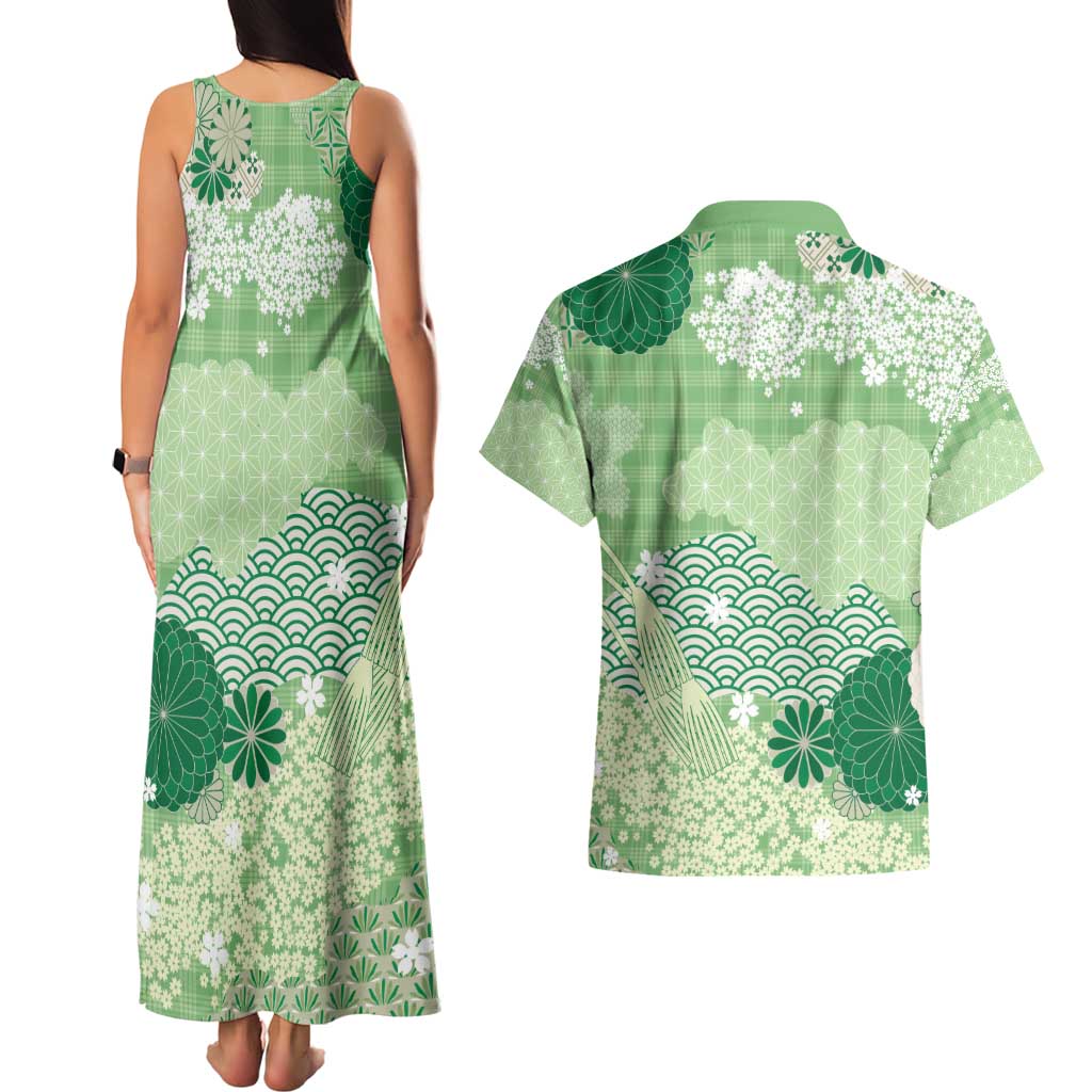 Green Palaka Japanese Patterns Couples Matching Tank Maxi Dress and Hawaiian Shirt Asanoha Seigaiha Sakura Motif LT14 - Polynesian Pride
