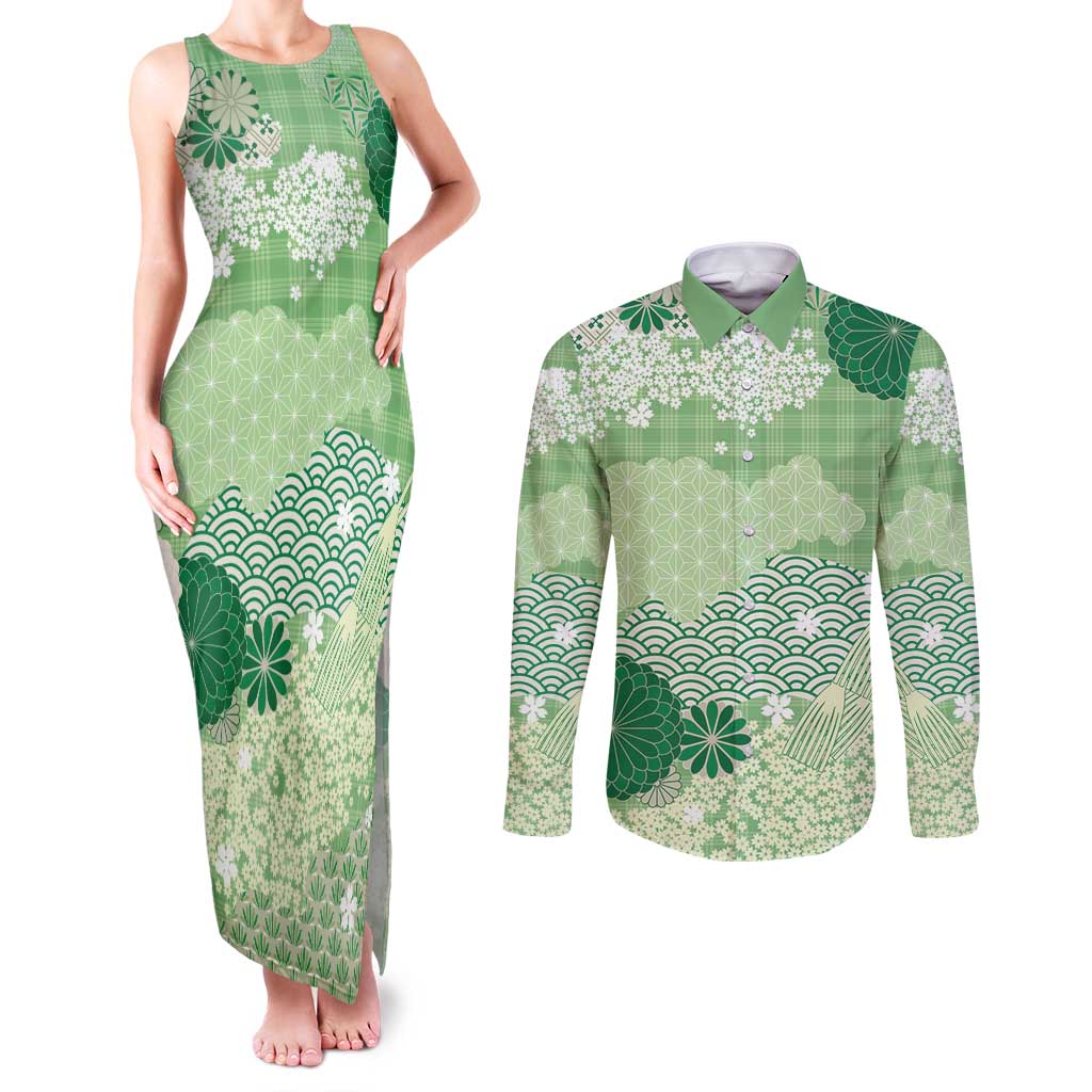 Green Palaka Japanese Patterns Couples Matching Tank Maxi Dress and Long Sleeve Button Shirt Asanoha Seigaiha Sakura Motif LT14 Green - Polynesian Pride