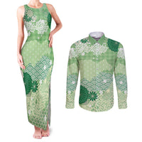 Green Palaka Japanese Patterns Couples Matching Tank Maxi Dress and Long Sleeve Button Shirt Asanoha Seigaiha Sakura Motif LT14 Green - Polynesian Pride