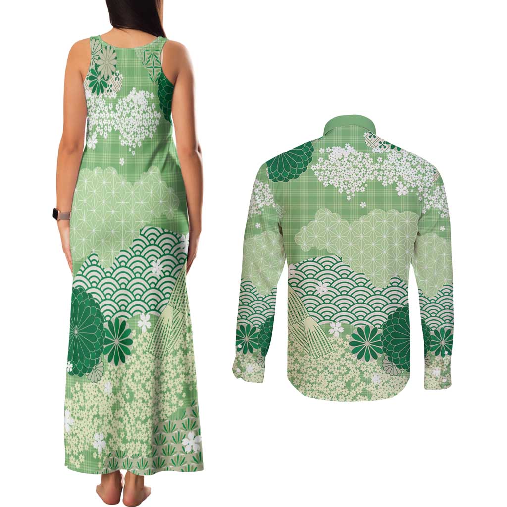 Green Palaka Japanese Patterns Couples Matching Tank Maxi Dress and Long Sleeve Button Shirt Asanoha Seigaiha Sakura Motif LT14 - Polynesian Pride