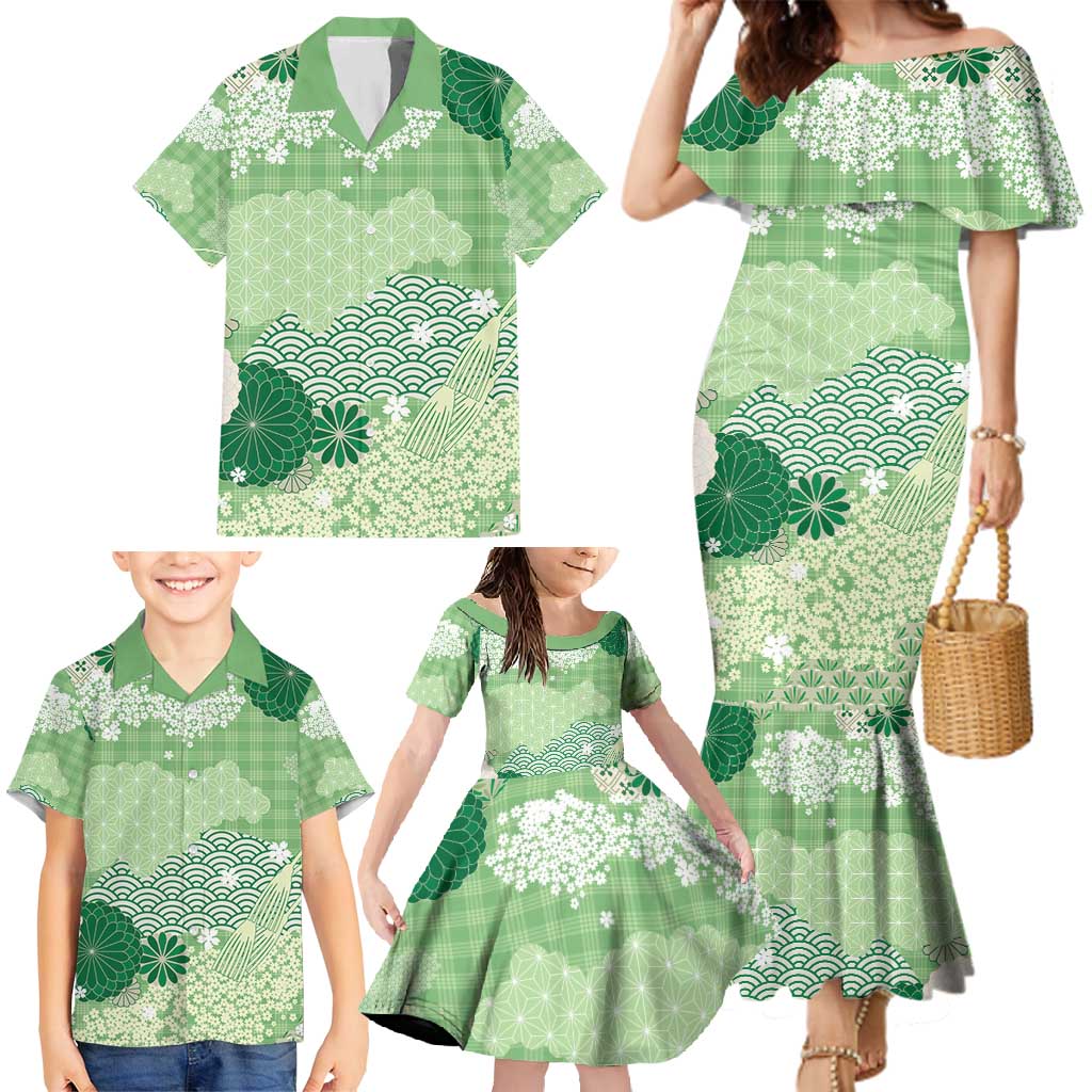 Green Palaka Japanese Patterns Family Matching Mermaid Dress and Hawaiian Shirt Asanoha Seigaiha Sakura Motif LT14 - Polynesian Pride