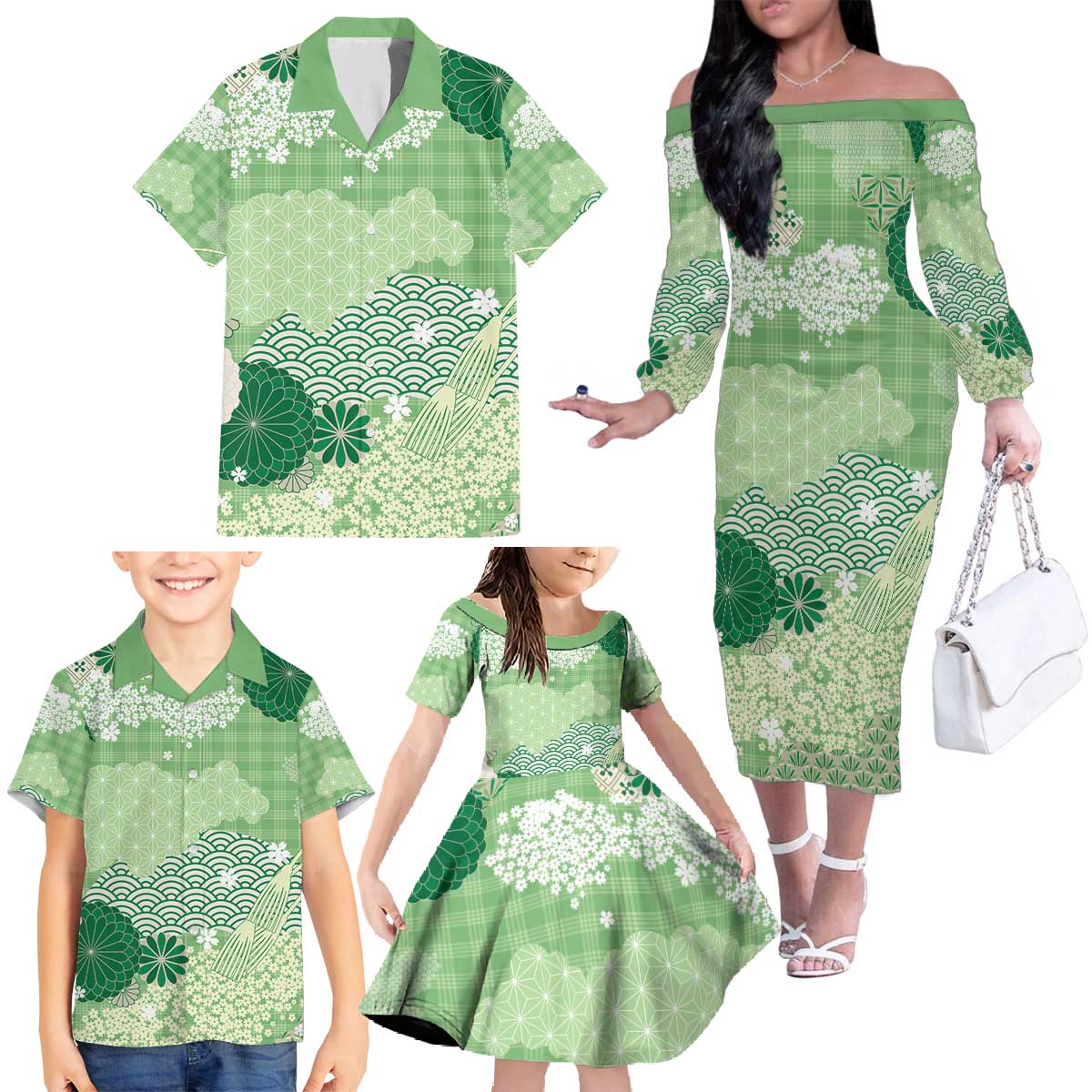 Green Palaka Japanese Patterns Family Matching Off The Shoulder Long Sleeve Dress and Hawaiian Shirt Asanoha Seigaiha Sakura Motif LT14 - Polynesian Pride
