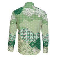 Green Palaka Japanese Patterns Family Matching Off The Shoulder Long Sleeve Dress and Hawaiian Shirt Asanoha Seigaiha Sakura Motif LT14 - Polynesian Pride