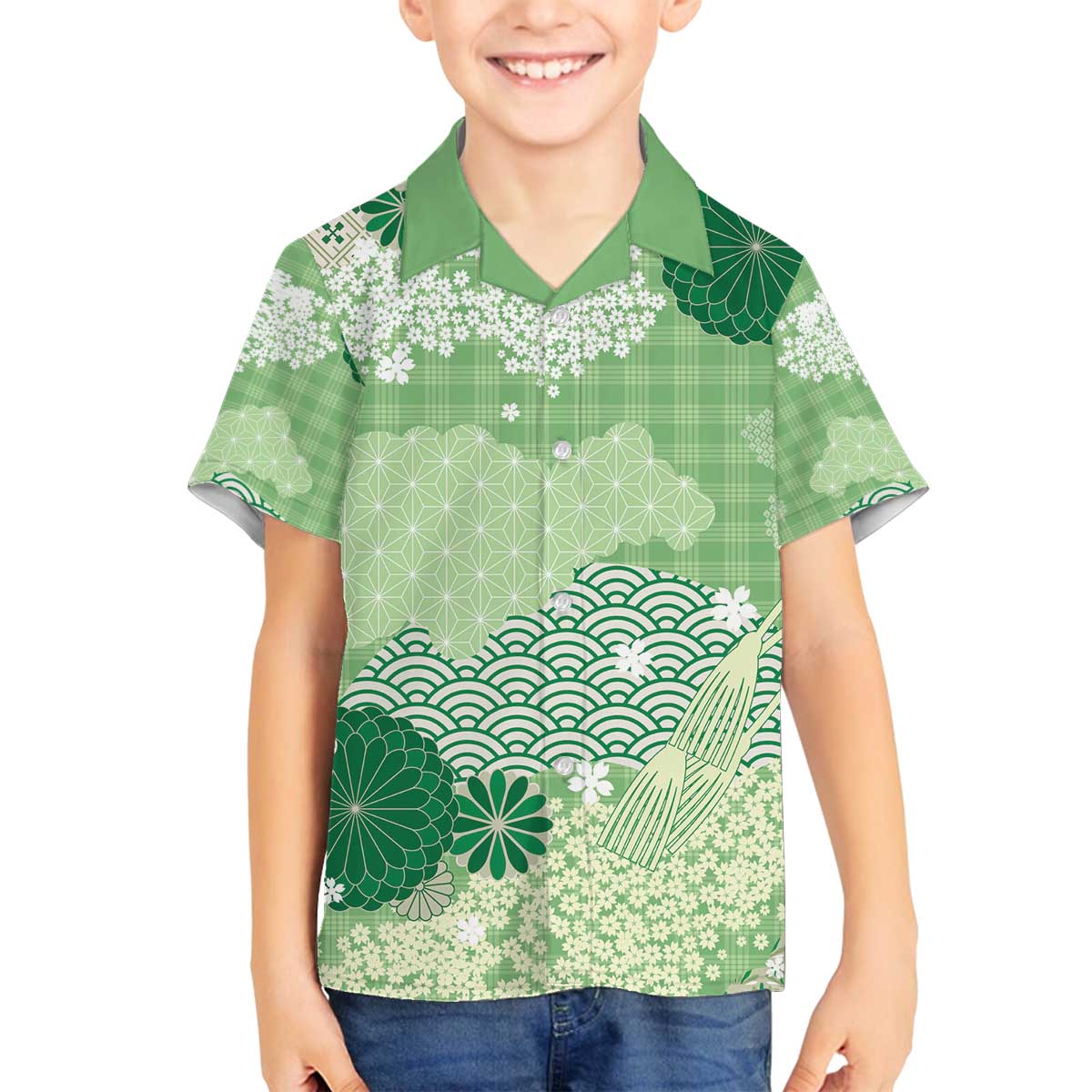 Green Palaka Japanese Patterns Family Matching Off The Shoulder Long Sleeve Dress and Hawaiian Shirt Asanoha Seigaiha Sakura Motif LT14 Son's Shirt Green - Polynesian Pride