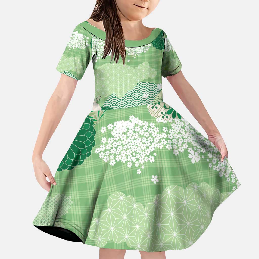 Green Palaka Japanese Patterns Family Matching Off Shoulder Maxi Dress and Hawaiian Shirt Asanoha Seigaiha Sakura Motif LT14 Daughter's Dress Green - Polynesian Pride