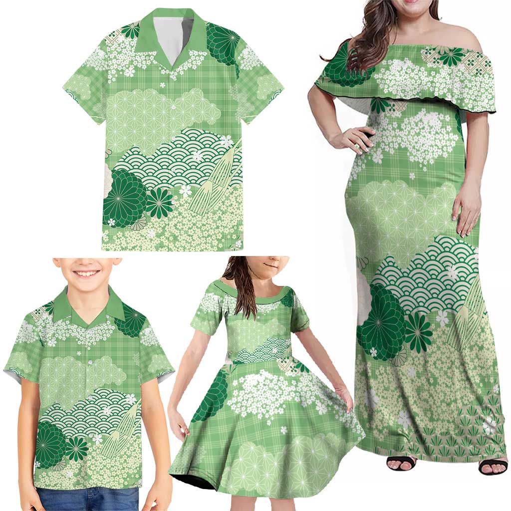 Green Palaka Japanese Patterns Family Matching Off Shoulder Maxi Dress and Hawaiian Shirt Asanoha Seigaiha Sakura Motif LT14 - Polynesian Pride