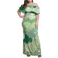 Green Palaka Japanese Patterns Family Matching Off Shoulder Maxi Dress and Hawaiian Shirt Asanoha Seigaiha Sakura Motif LT14 Mom's Dress Green - Polynesian Pride