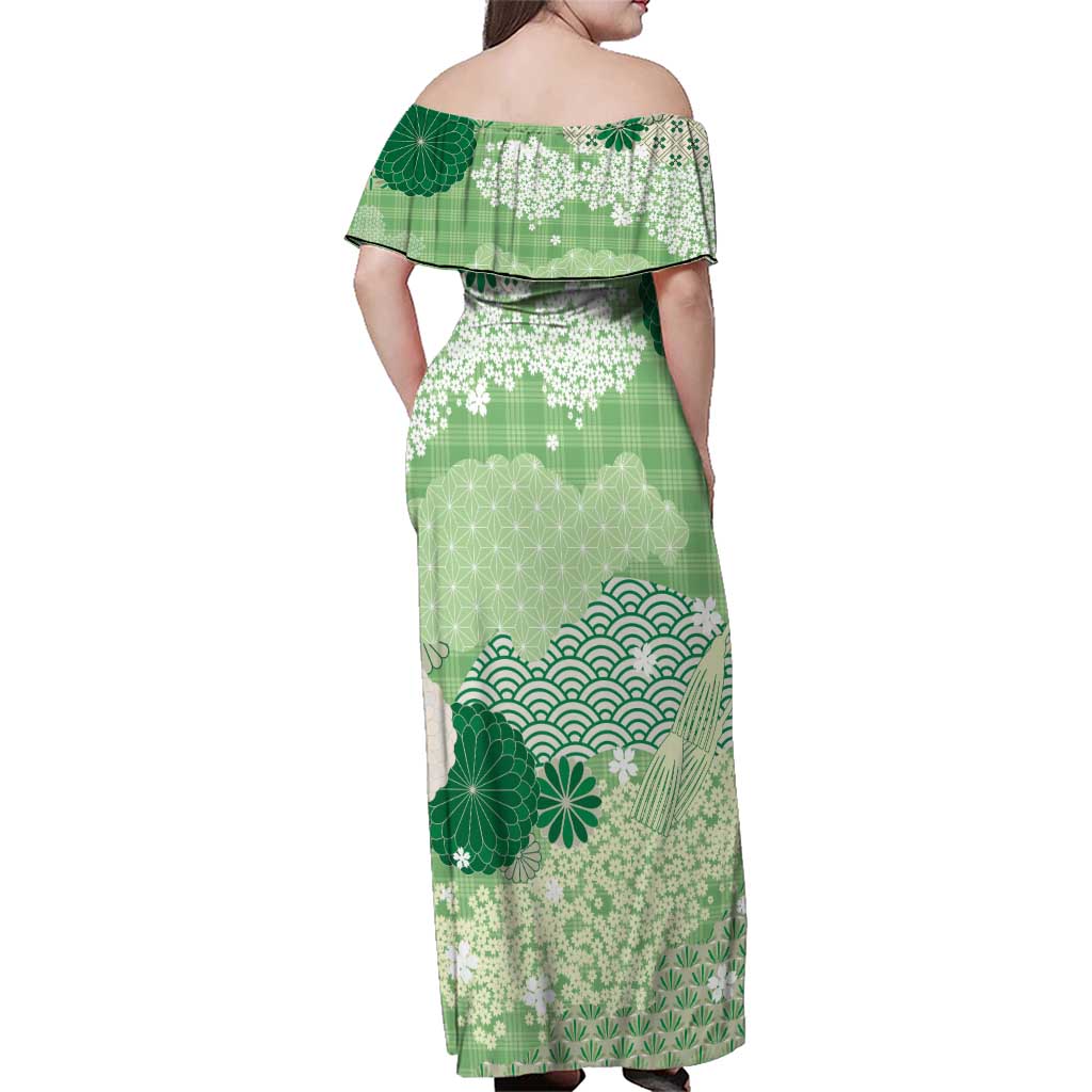 Green Palaka Japanese Patterns Family Matching Off Shoulder Maxi Dress and Hawaiian Shirt Asanoha Seigaiha Sakura Motif LT14 - Polynesian Pride