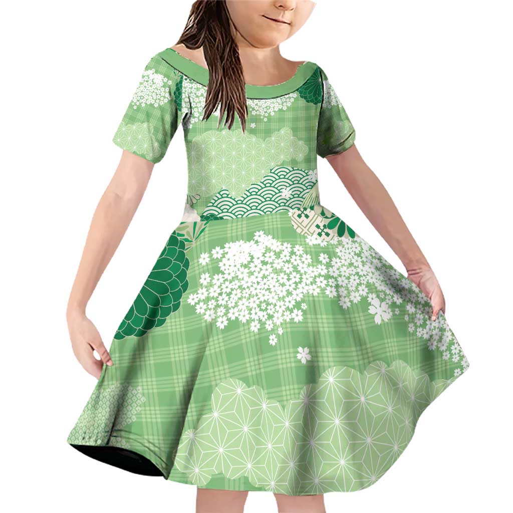 Green Palaka Japanese Patterns Family Matching Off Shoulder Short Dress and Hawaiian Shirt Asanoha Seigaiha Sakura Motif LT14 Daughter's Dress Green - Polynesian Pride