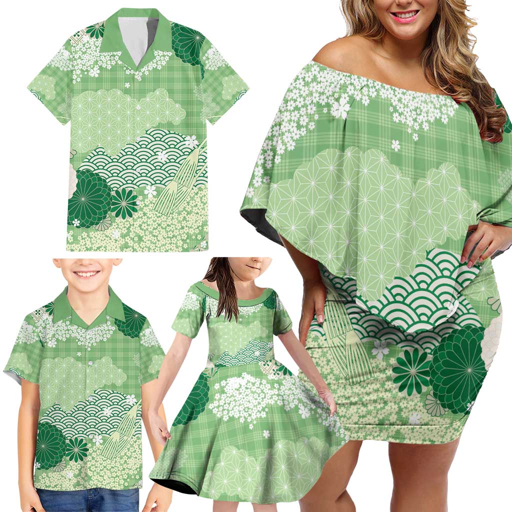 Green Palaka Japanese Patterns Family Matching Off Shoulder Short Dress and Hawaiian Shirt Asanoha Seigaiha Sakura Motif LT14 - Polynesian Pride