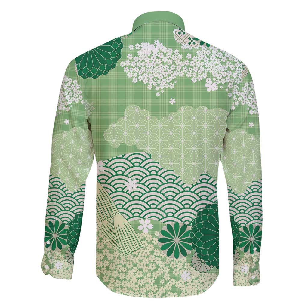 Green Palaka Japanese Patterns Family Matching Off Shoulder Short Dress and Hawaiian Shirt Asanoha Seigaiha Sakura Motif LT14 - Polynesian Pride